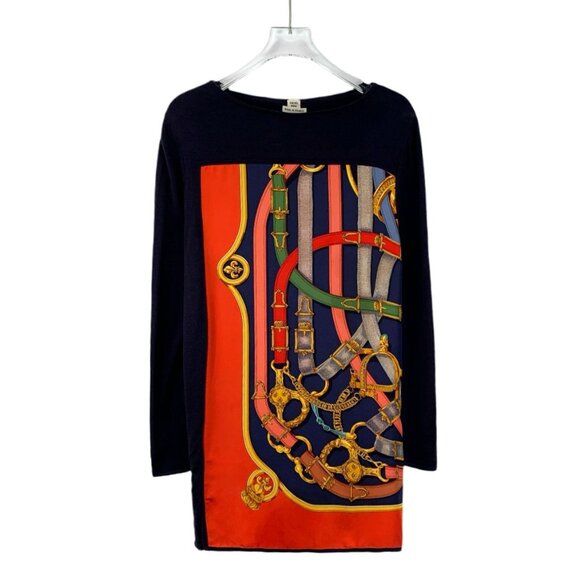 Hermès Paris Multicolor Chain Print Silk & Cashmere Long-Sleeve Pullover Top Siz - Picture 1 of 8
